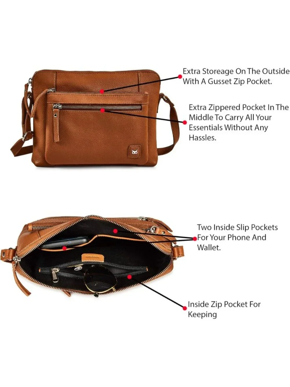 Women's Cognac Genuine Leather Sling Purse with Adjustable Strap Crossbody bags